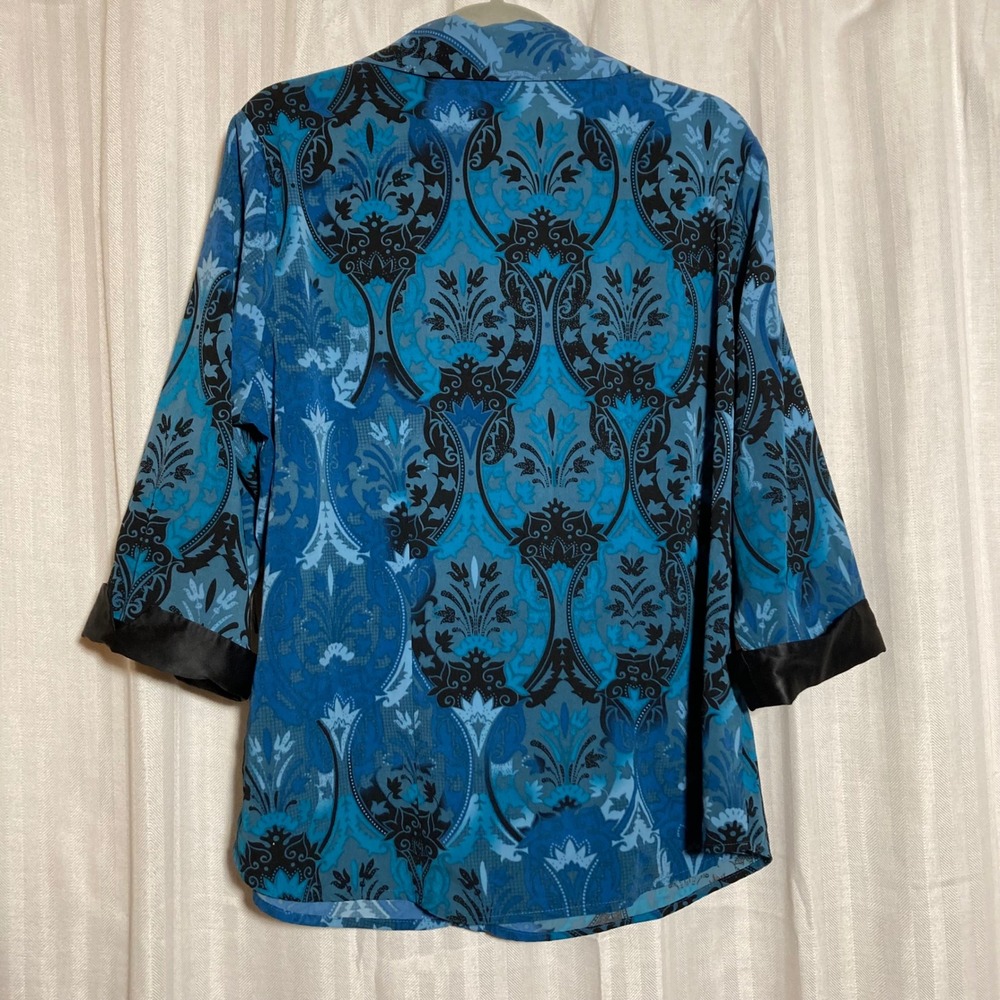 Artsy Blue Damask Paisley Button Up Blouse 3/4 Sleeve Satin Cuff 1X NYC Design C - Picture 2 of 5